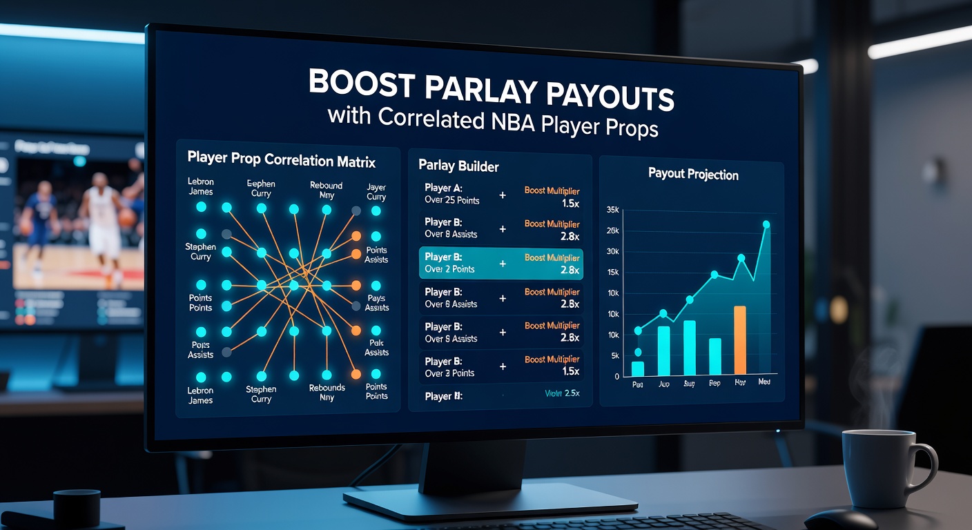 Close-up of NBA scoreboard displaying player prop stats during a thrilling parlay moment, with odds overlays emphasizing correlation boosts
