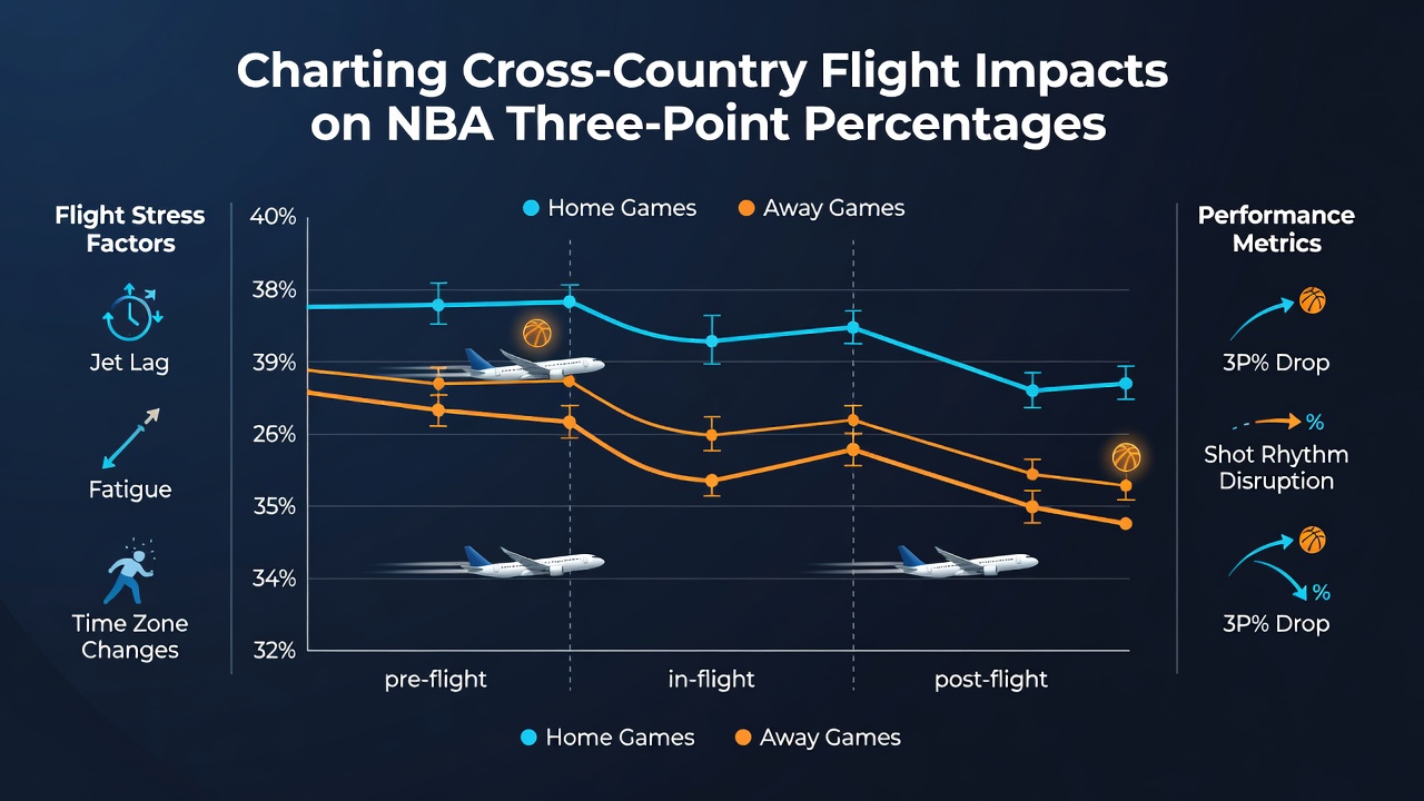 Chart displaying NBA three-point percentage trends after cross-country flights