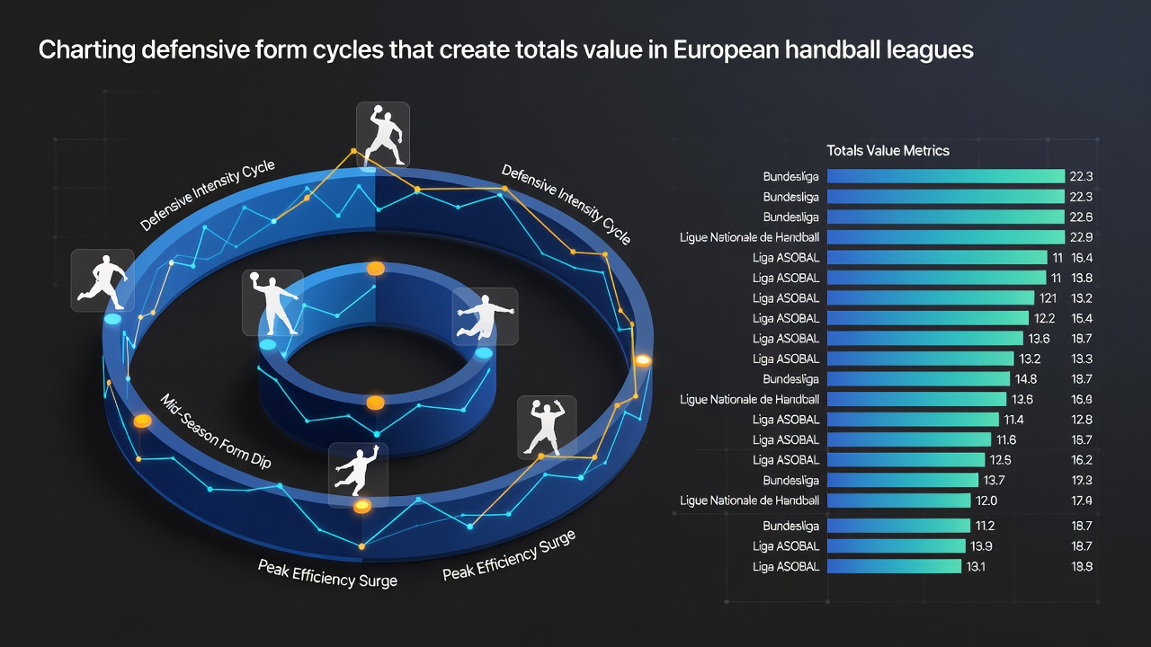 European handball players in defensive formation during a league match