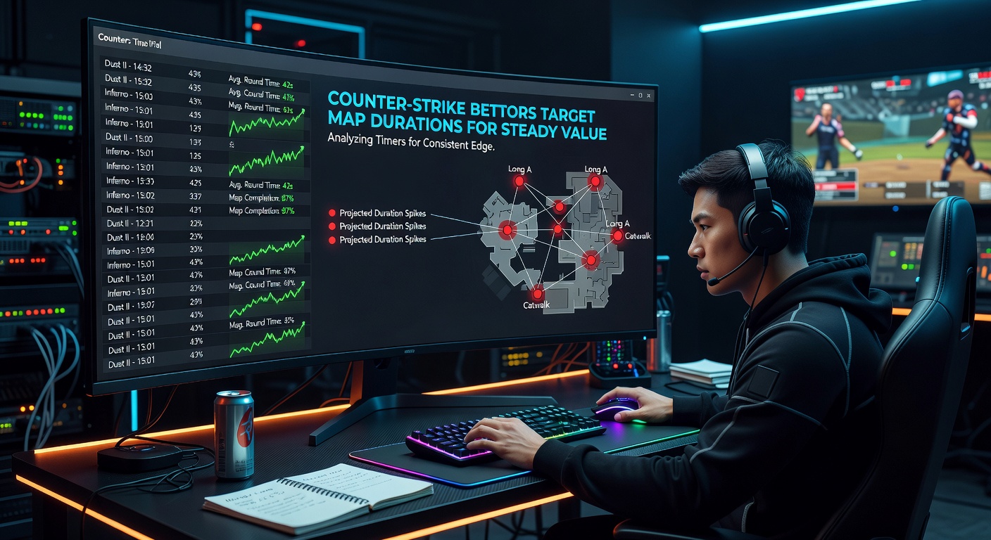 Chart displaying average Counter-Strike map durations across major tournaments, highlighting over/under betting opportunities