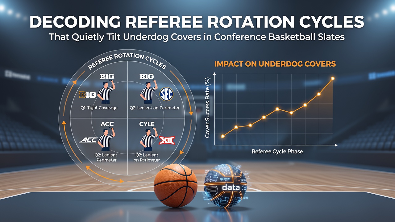 Referee assigning fouls during a conference basketball matchup with players contesting a play