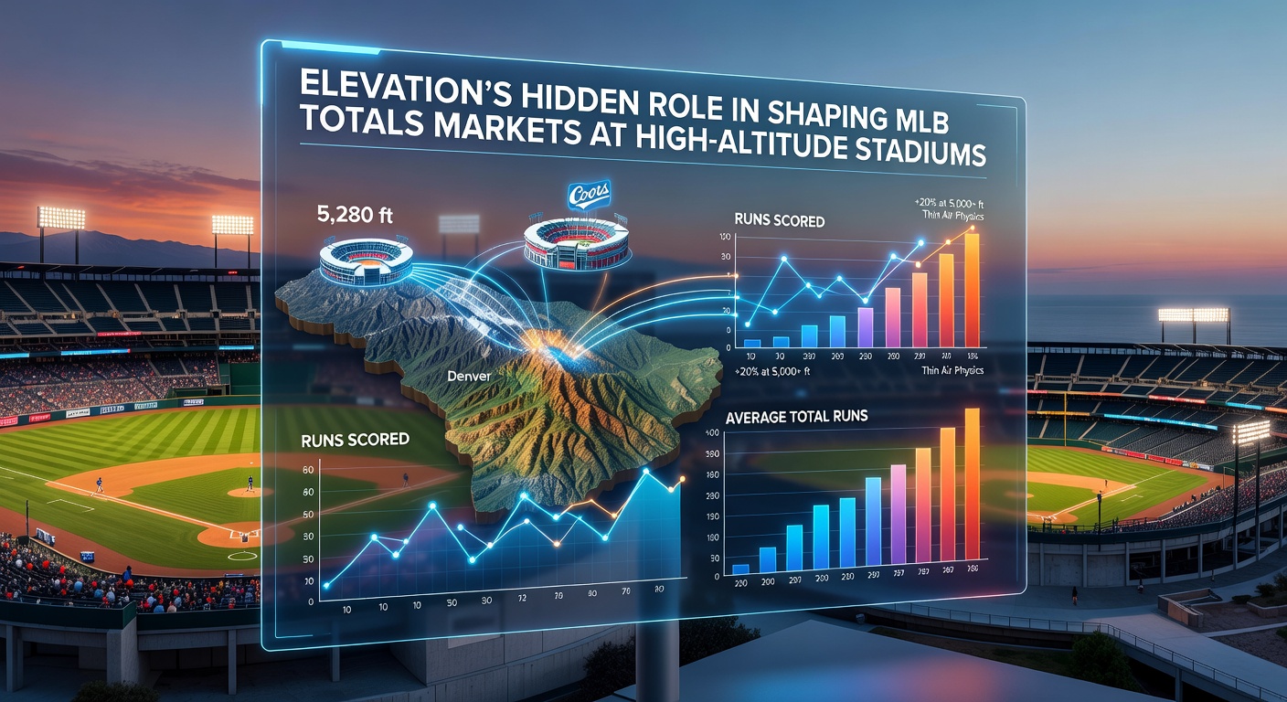 Baseball soaring high above the outfield at a mile-high stadium where reduced air density increases scoring and shapes betting totals