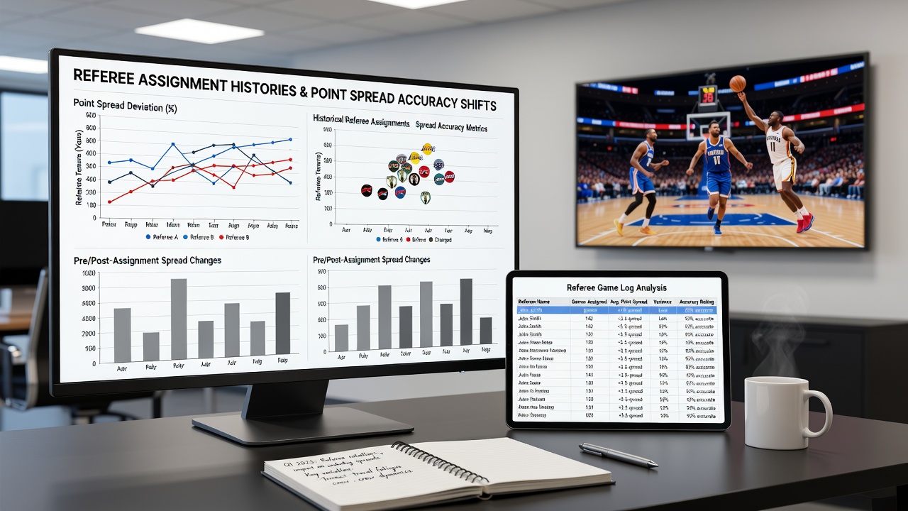 Statistical charts displaying referee performance metrics and point spread correlations over multiple basketball seasons