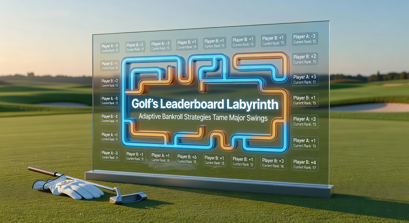 Golf leaderboard showing dramatic position changes during a major tournament, with players surging and fading amid sunny greens and cheering crowds