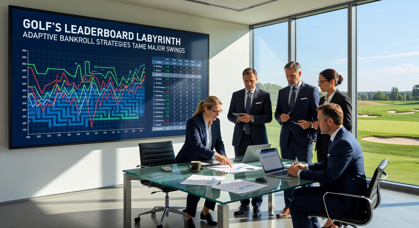 Close-up of a golfer analyzing stats on a tablet amid a turbulent leaderboard display, highlighting data-driven bankroll adjustments during a major