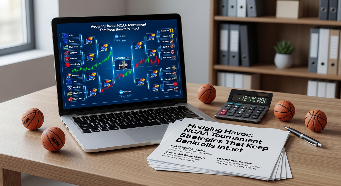 Dynamic NCAA Tournament bracket showing multiple hedging bet placements across rounds, with green checkmarks on profitable outcomes and red crosses on losses avoided