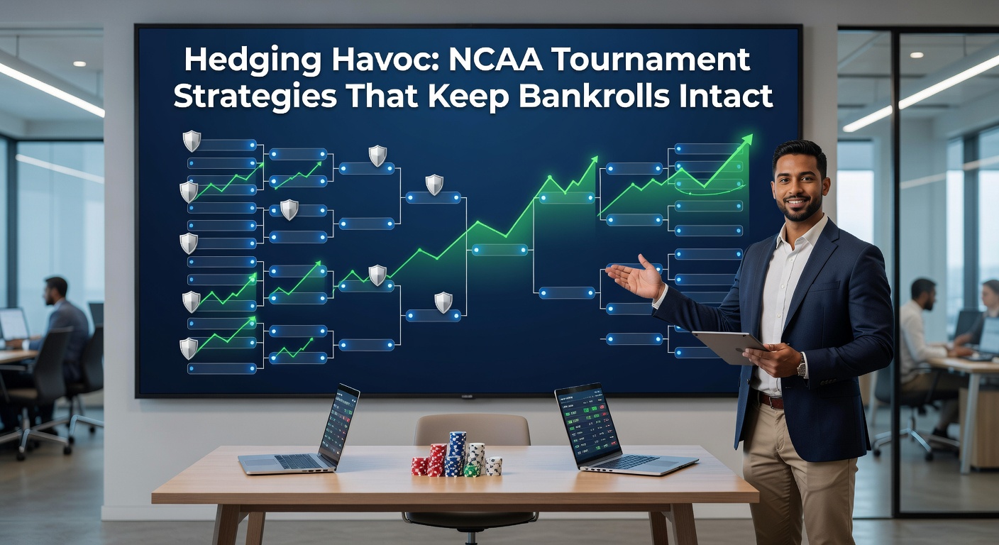 Graph illustrating bankroll trajectories during a simulated NCAA Tournament with and without hedging: the hedged line stays flat and positive, while the unhedged one swings wildly from peaks to valleys