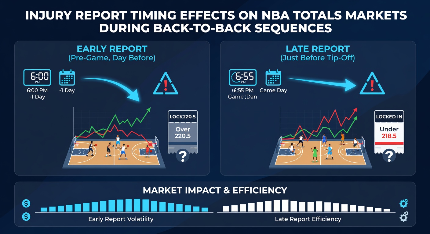 Sportsbook screen displaying NBA totals odds during injury report updates