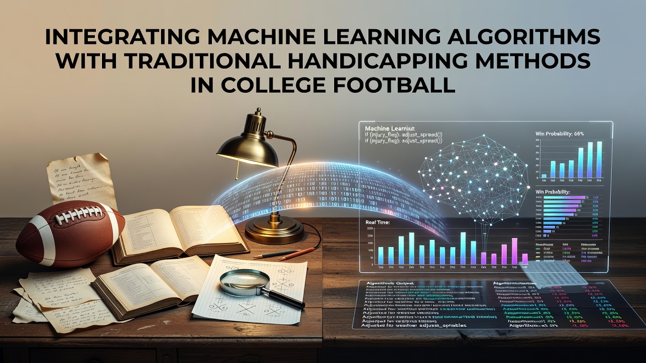 Machine learning dashboard displaying college football statistics overlaid with traditional handicapping notes