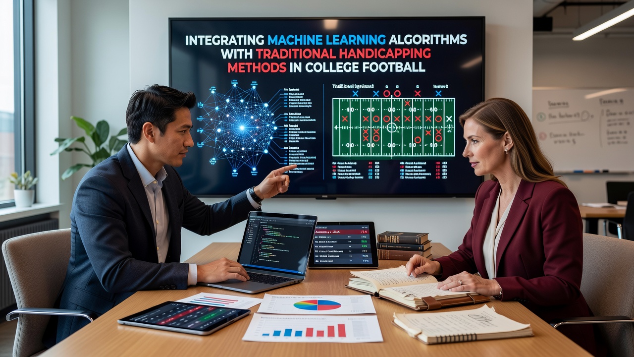 Analyst reviewing printed game charts beside a laptop running machine learning visualizations for college football