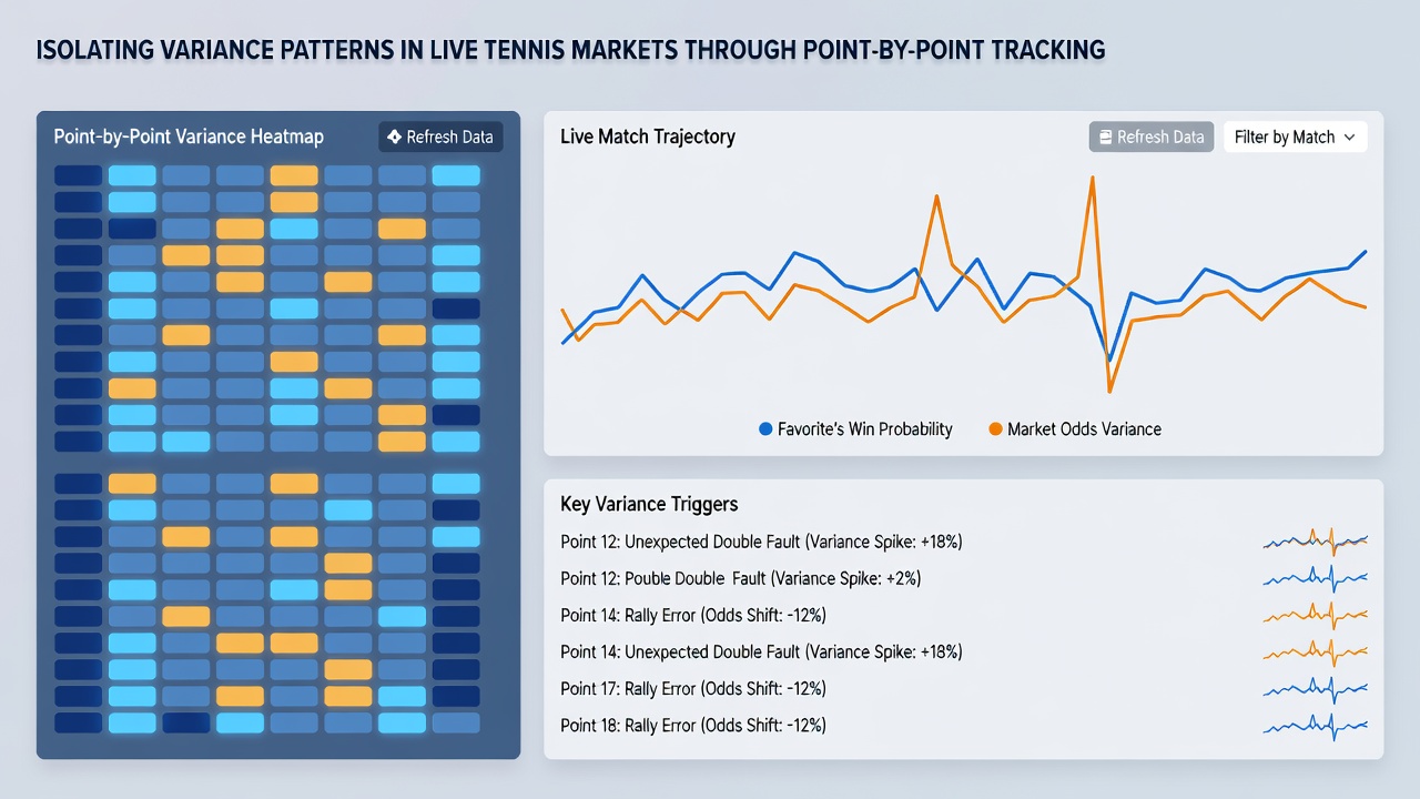Close-up of tennis analytics dashboard displaying point-by-point variance graphs and live market probability shifts