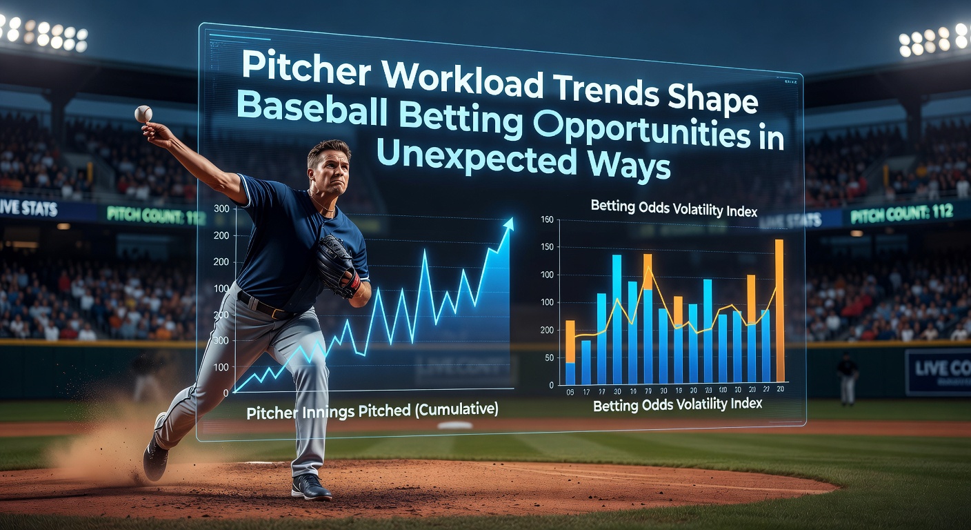 MLB pitcher throwing a pitch during a game with focus on workload management analytics displayed on a nearby screen