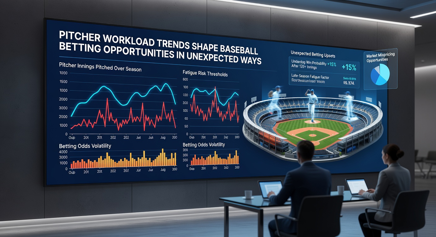Analytics dashboard showing pitcher workload statistics and innings trends overlaid on a baseball field view