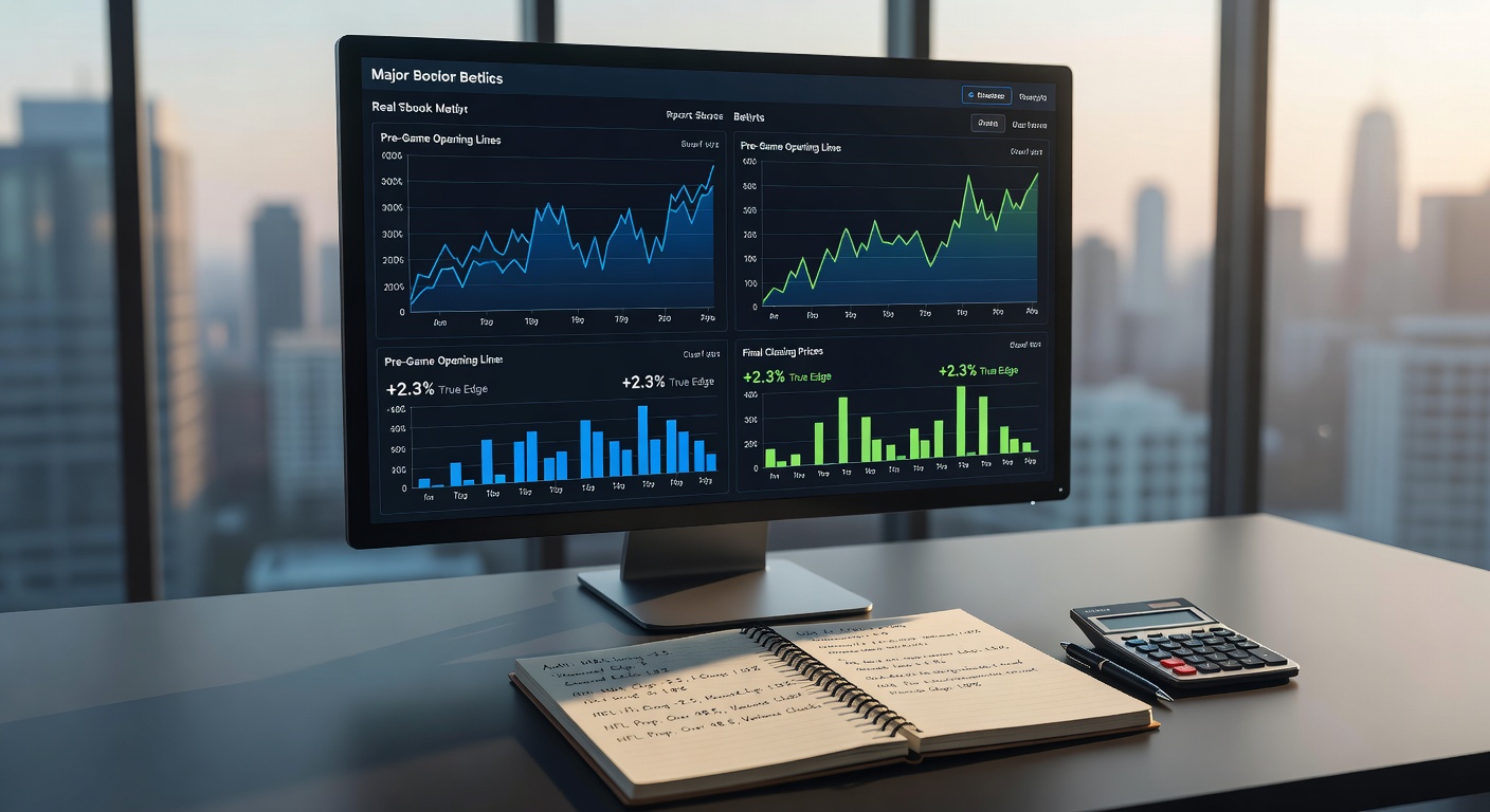 Close-up of a professional bettor's multi-monitor setup analyzing closing lines from NBA and NFL games, with spreadsheets open and odds charts visible