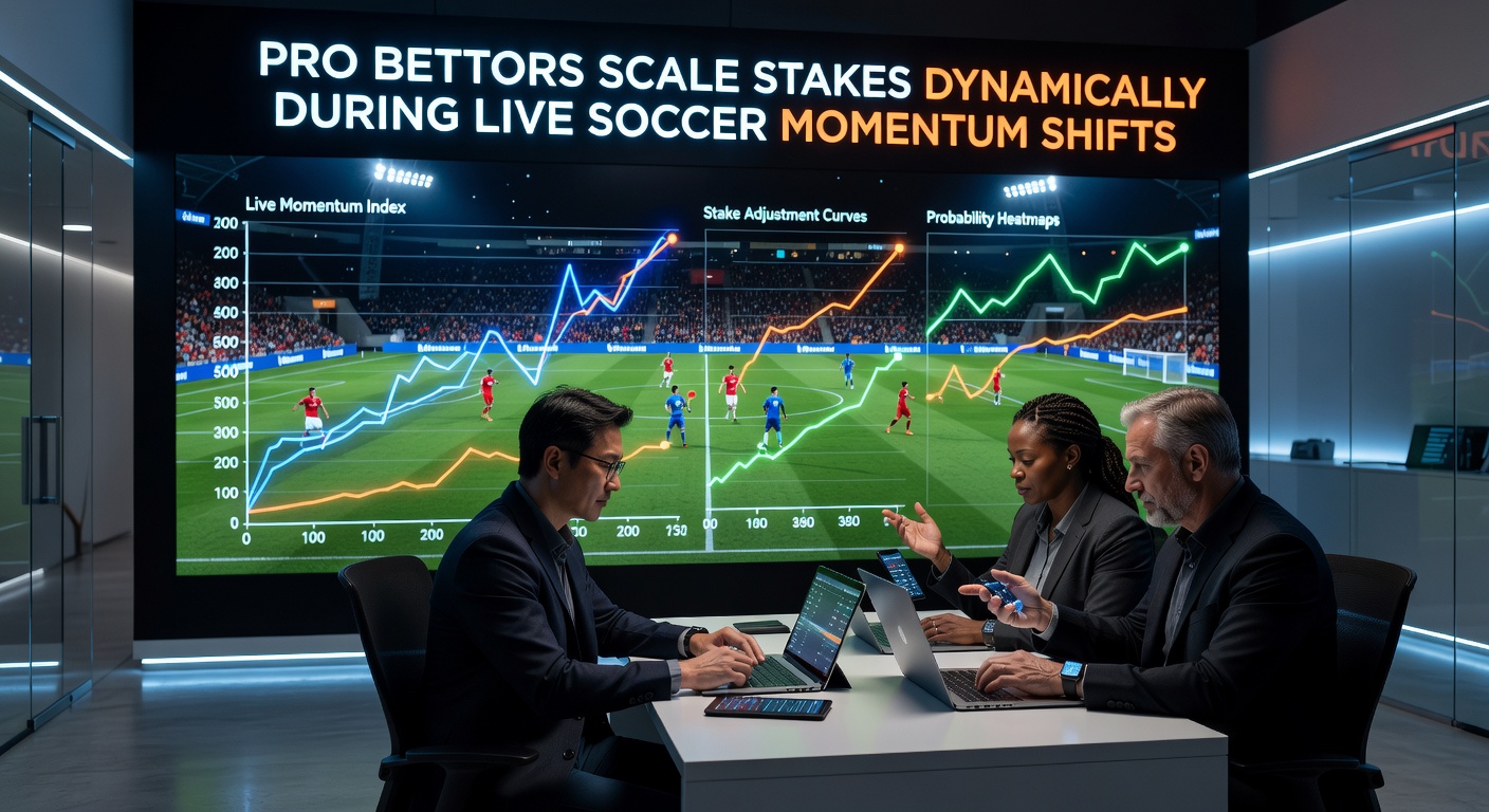 Professional bettor monitoring live soccer odds on screens during a tense match momentum shift