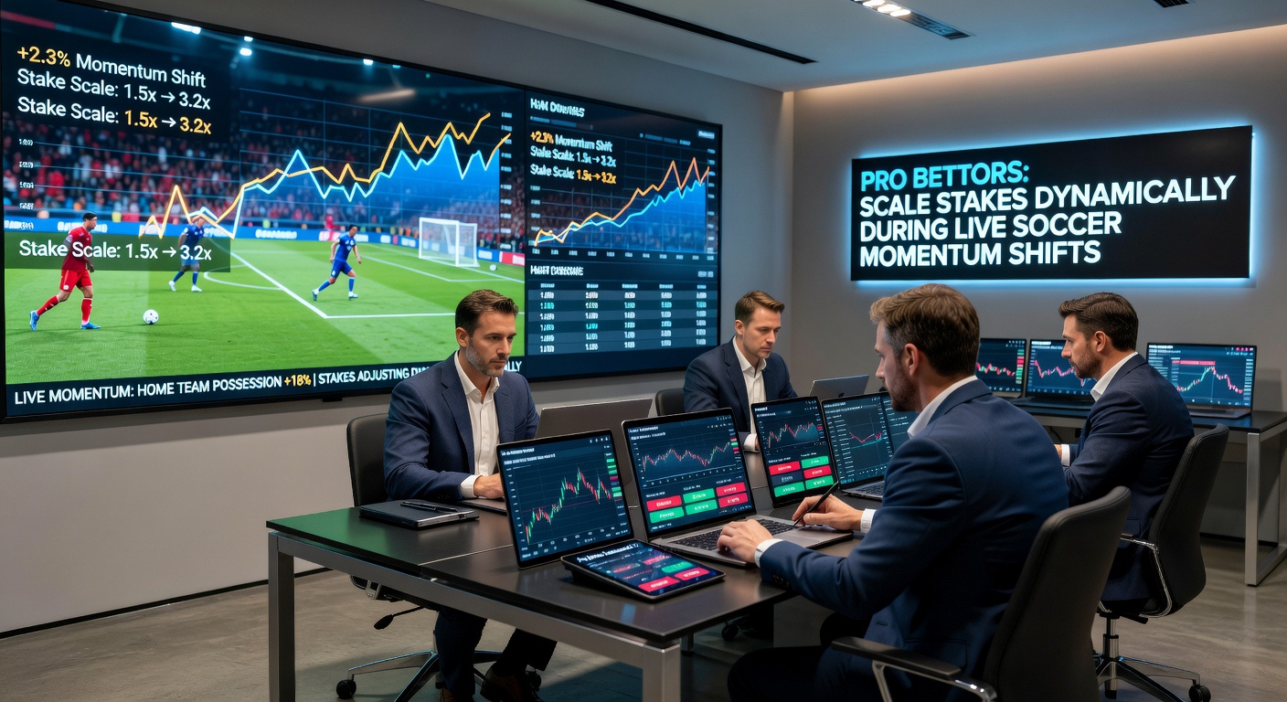 Graph showing stake scaling during a live soccer match with momentum shift indicators overlaid on odds fluctuations