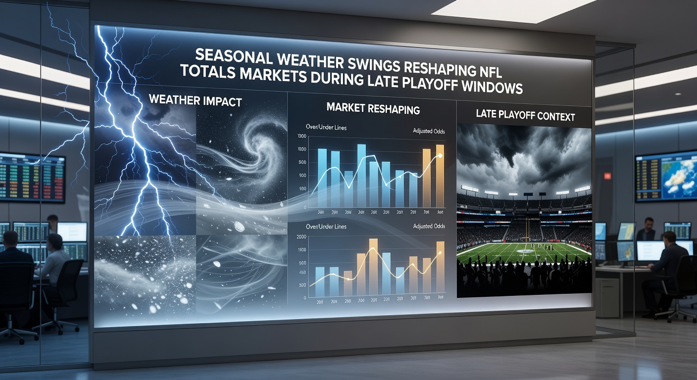Betting analysts reviewing weather data overlays on NFL playoff totals charts