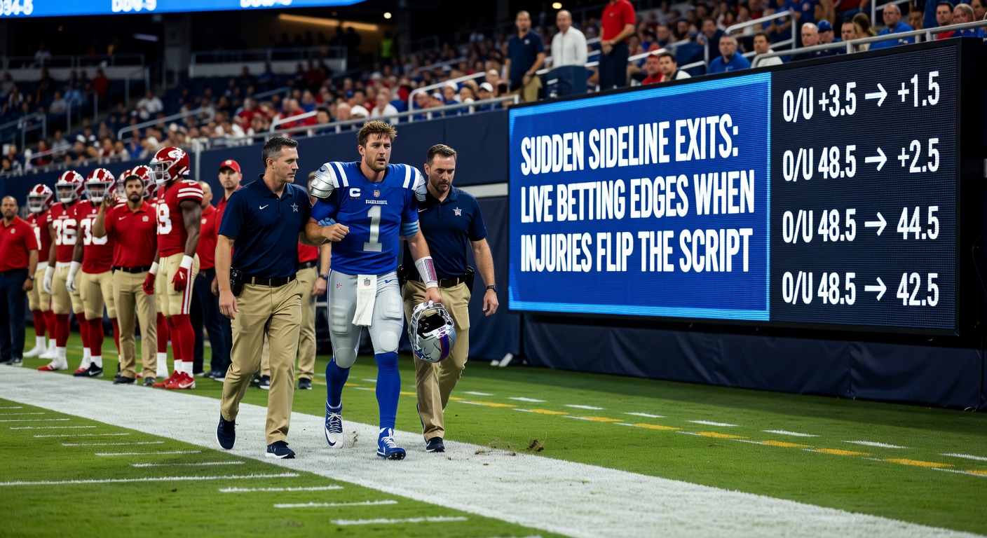 NFL quarterback on the ground after a tackle, with teammates signaling for medical help and the crowd reacting in shock, illustrating a pivotal injury moment