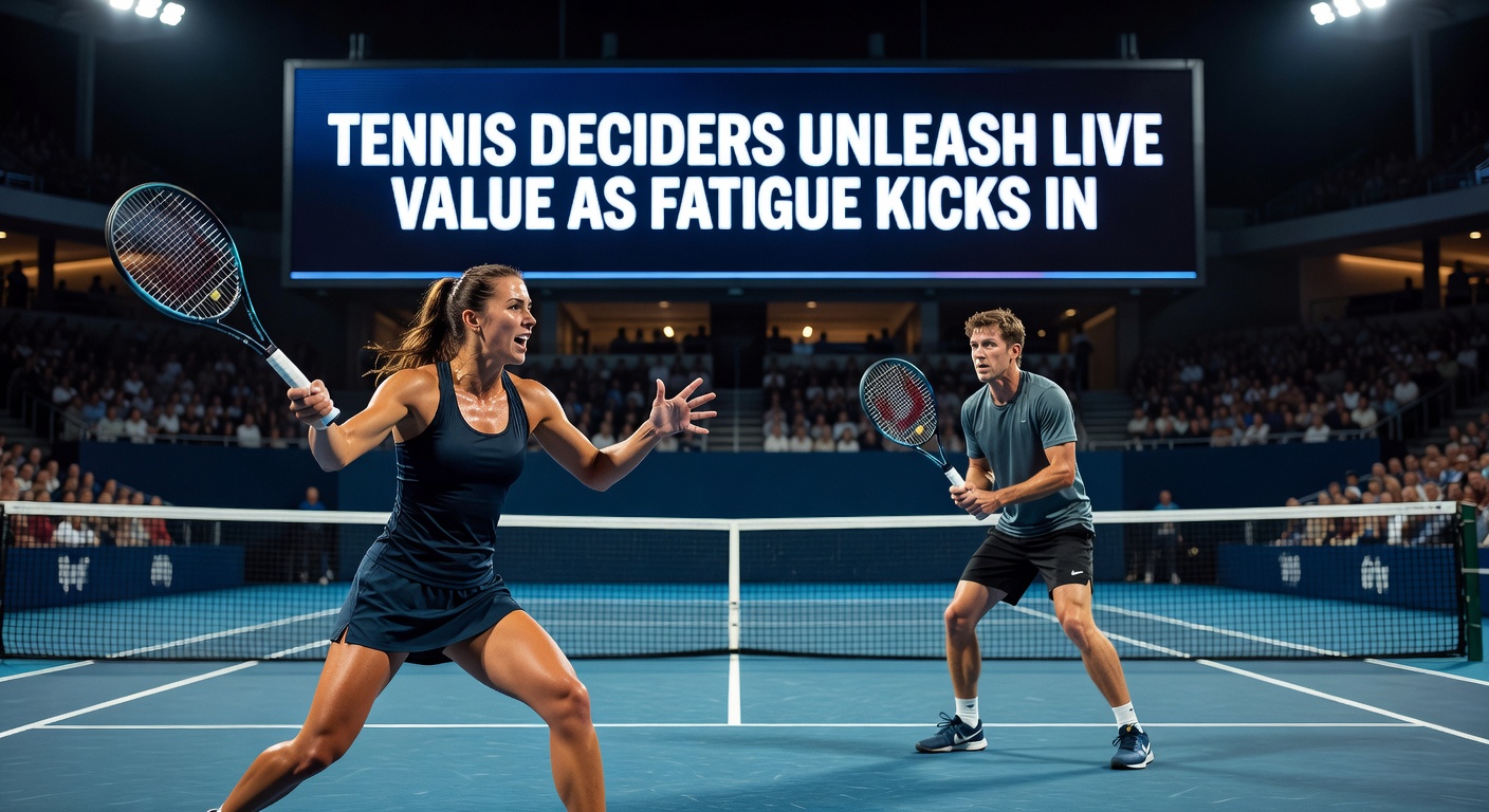 Tennis player exhausted in a deciding set, sweat dripping as fatigue visibly sets in during a high-stakes match