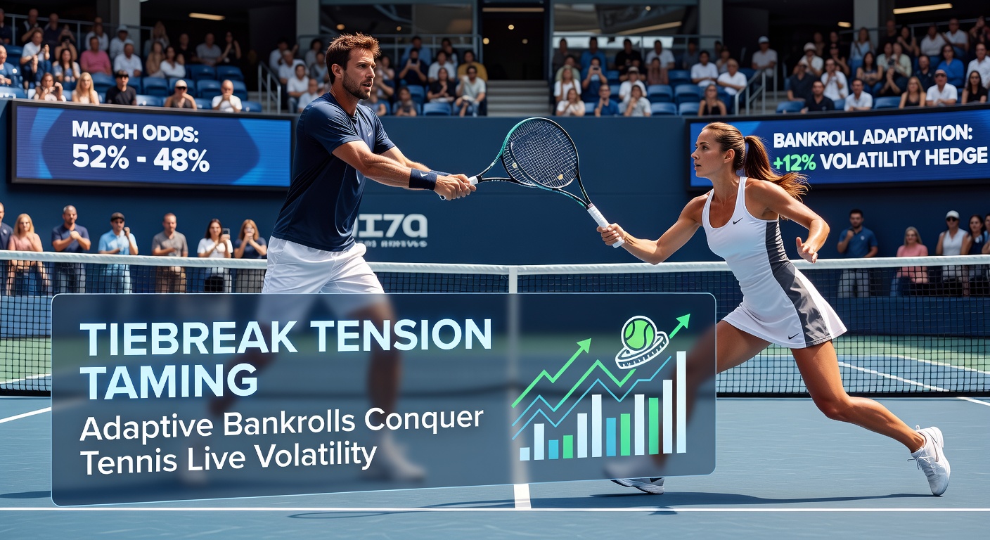 Tennis players locked in a intense tiebreak rally on court, showcasing the high-stakes volatility of live betting moments