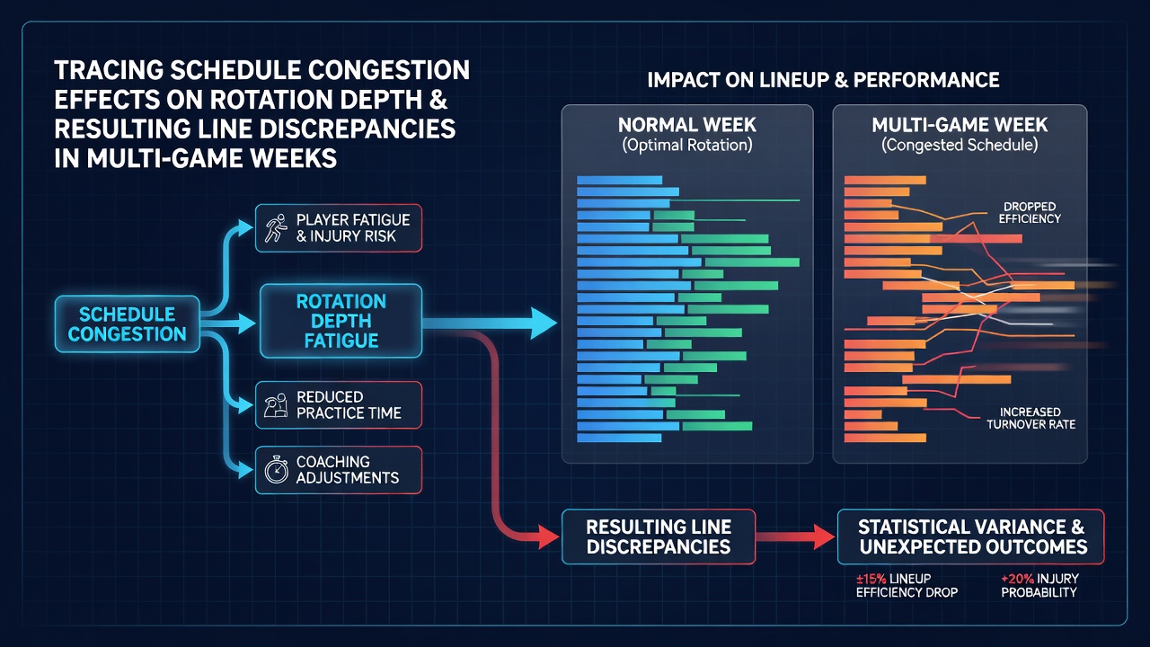 Visual representation of congested sports schedules affecting team rotations and betting lines
