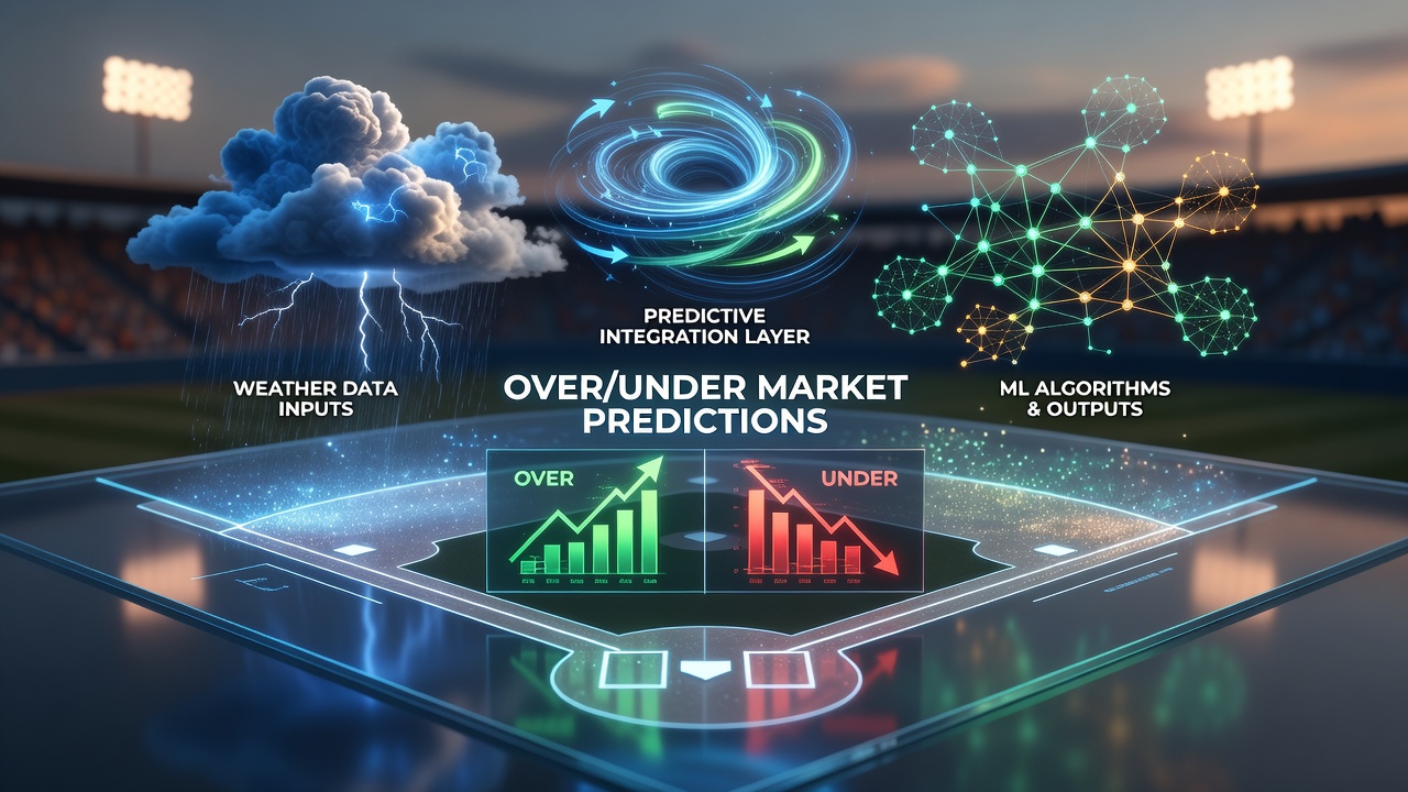 Weather data visualization integrated into baseball predictive analytics dashboard showing wind patterns and temperature overlays on a stadium map